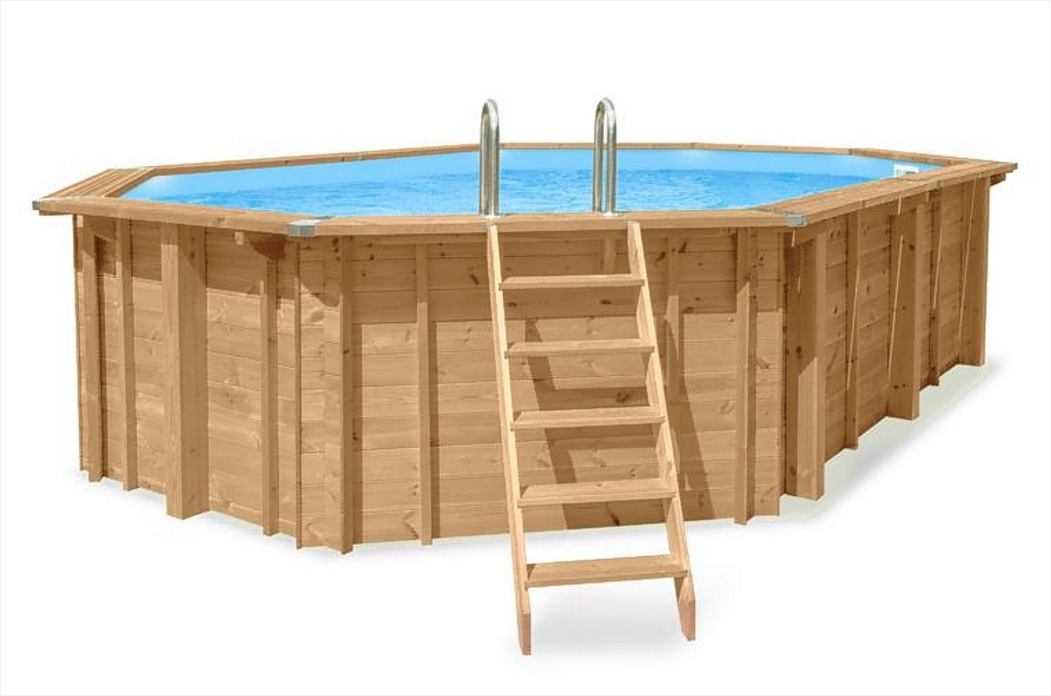 Sunnydream 07 houten zwembad, ovaal, 8,40 x 4,90 meter, inclusief premium filtersysteem, filtermedium, zwembadtrap, zwembadfolie, vloer- en wandvlies, roestvrijstalen hoekverbindingen