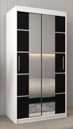 Schuifdeurkast / kledingkast Jan 01D met spiegel, kleur: mat wit / Zwart - Afmetingen: 200 x 100 x 62 cm ( H x B x D)