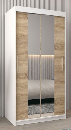 Schuifdeurkast / kledingkast Bisaurin 1B met spiegel, kleur: mat wit / sonoma eiken - Afmetingen: 200 x 100 x 62 cm ( H x B x D)