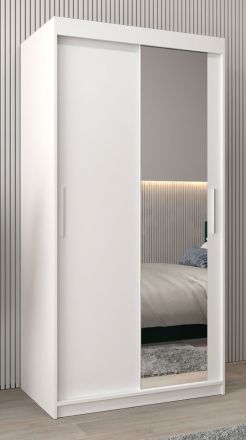 Schuifdeurkast / kledingkast Bisaurin 1C met spiegel, kleur: mat wit - Afmetingen: 200 x 100 x 62 cm ( H x B x D)