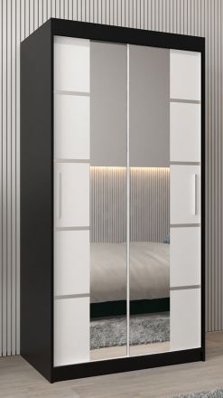 Schuifdeurkast / kleerkast Jan 01D met spiegel, kleur: Zwart / mat wit - Afmetingen: 200 x 100 x 62 cm (H x B x D)