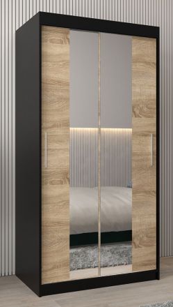 Schuifdeurkast / kledingkast Bisaurin 1B met spiegel, kleur: zwart / eiken Sonoma - Afmetingen: 200 x 100 x 62 cm ( H x B x D)