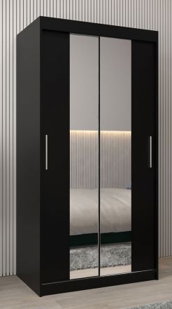 Schuifdeurkast / kledingkast Bisaurin 1B met spiegel, kleur: Zwart - Afmetingen: 200 x 100 x 62 cm ( H x B x D)