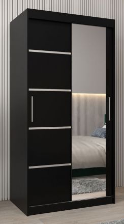 Schuifdeurkast / kledingkast Jan 01B met spiegel, kleur: Zwart - Afmetingen: 200 x 100 x 62 cm ( H x B x D)