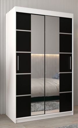 Schuifdeurkast / kleerkast Jan 02D met spiegel, kleur: mat wit / Zwart - Afmetingen: 200 x 120 x 62 cm (H x B x D)