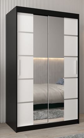 Schuifdeurkast / kleerkast Jan 02D met spiegel, kleur: Zwart / mat wit - Afmetingen: 200 x 120 x 62 cm (H x B x D)
