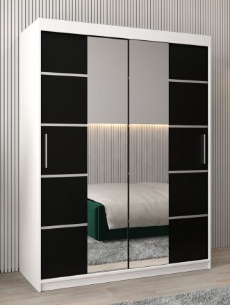 Schuifdeurkast / kledingkast Jan 03D met spiegel, kleur: mat wit / Zwart - Afmetingen: 200 x 150 x 62 cm (H x B x D)