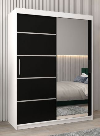 Schuifdeurkast / kledingkast Jan 03B met spiegel, kleur: mat wit / Zwart - Afmetingen: 200 x 150 x 62 cm ( H x B x D)