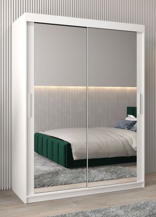 Schuifdeurkast / kledingkast Bisaurin 3D met spiegel, kleur: mat wit - Afmetingen: 200 x 150 x 62 cm ( H x B x D)