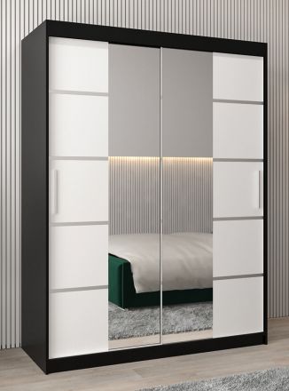 Schuifdeurkast / kleerkast Jan 03D met spiegel, kleur: Zwart / mat wit - Afmetingen: 200 x 150 x 62 cm (H x B x D)