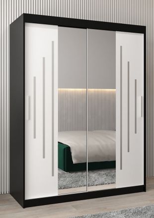 Schuifdeurkast / kleerkast met spiegel Tomlis 03A, kleur: Zwart / mat wit - Afmetingen: 200 x 150 x 62 cm (H x B x D)