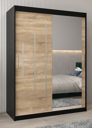 Schuifdeurkast / kledingkast met spiegel Tomlis 03B, kleur: zwart / eiken Sonoma - Afmetingen: 200 x 150 x 62 cm (H x B x D)