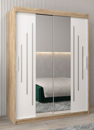 Schuifdeurkast / kledingkast met spiegel Tomlis 03A, kleur: sonoma eiken / mat wit - afmetingen: 200 x 150 x 62 cm (H x B x D)
