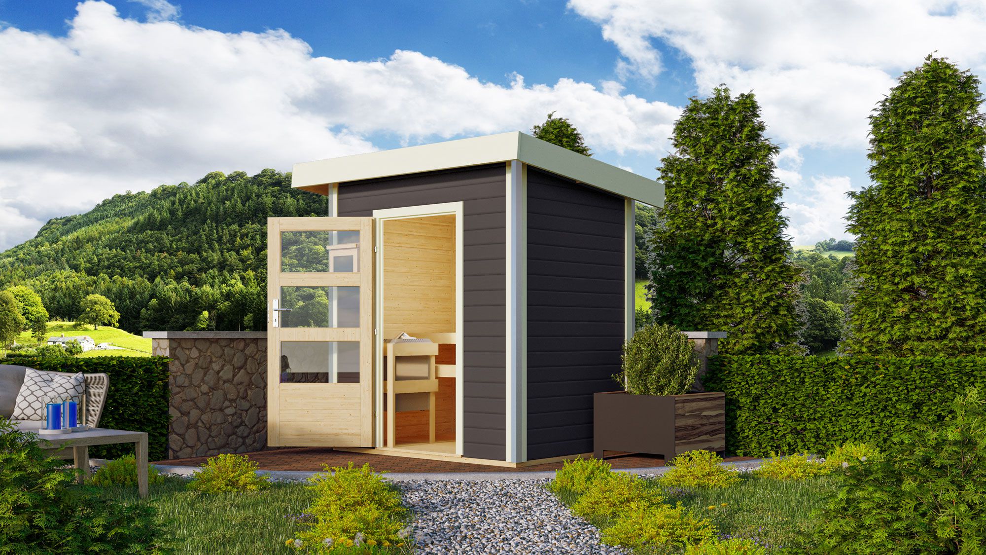 Saunahuis "Ilvy" met moderne deur, kleur: terra grey - 196 x 146 cm (B x D), vloeroppervlak: 2,4 m².
