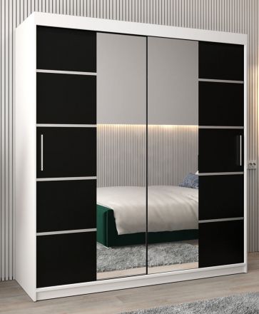 Schuifdeurkast / kleerkast Jan 04D met spiegel, kleur: mat wit / Zwart - Afmetingen: 200 x 180 x 62 cm (H x B x D)