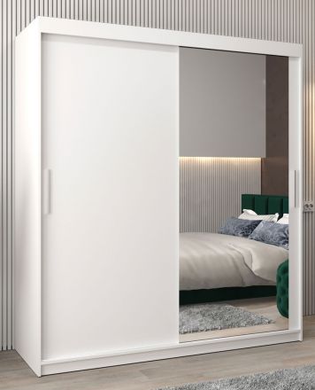 Schuifdeurkast / kledingkast Bisaurin 4C met spiegel, kleur: mat wit - Afmetingen: 200 x 180 x 62 cm ( H x B x D)