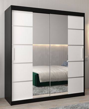 Schuifdeurkast / kleerkast Jan 04D met spiegel, kleur: Zwart / mat wit - Afmetingen: 200 x 180 x 62 cm (H x B x D)