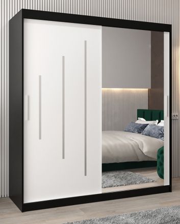 Schuifdeurkast / kleerkast met spiegel Tomlis 04B, kleur: Zwart / mat wit - Afmetingen: 200 x 180 x 62 cm (H x B x D)