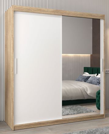 Schuifdeurkast / kledingkast Bisaurin 4C met spiegel, kleur: sonoma eiken / mat wit - afmetingen: 200 x 180 x 62 cm ( H x B x D)