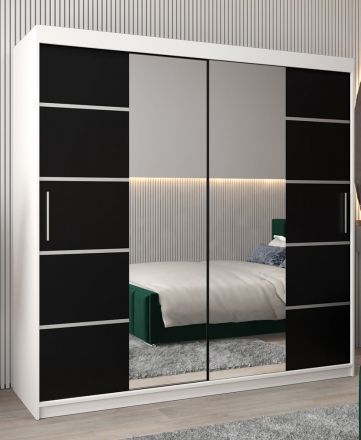 Schuifdeurkast / kleerkast Jan 05D met spiegel, kleur: mat wit / Zwart - Afmetingen: 200 x 200 x 62 cm (H x B x D)