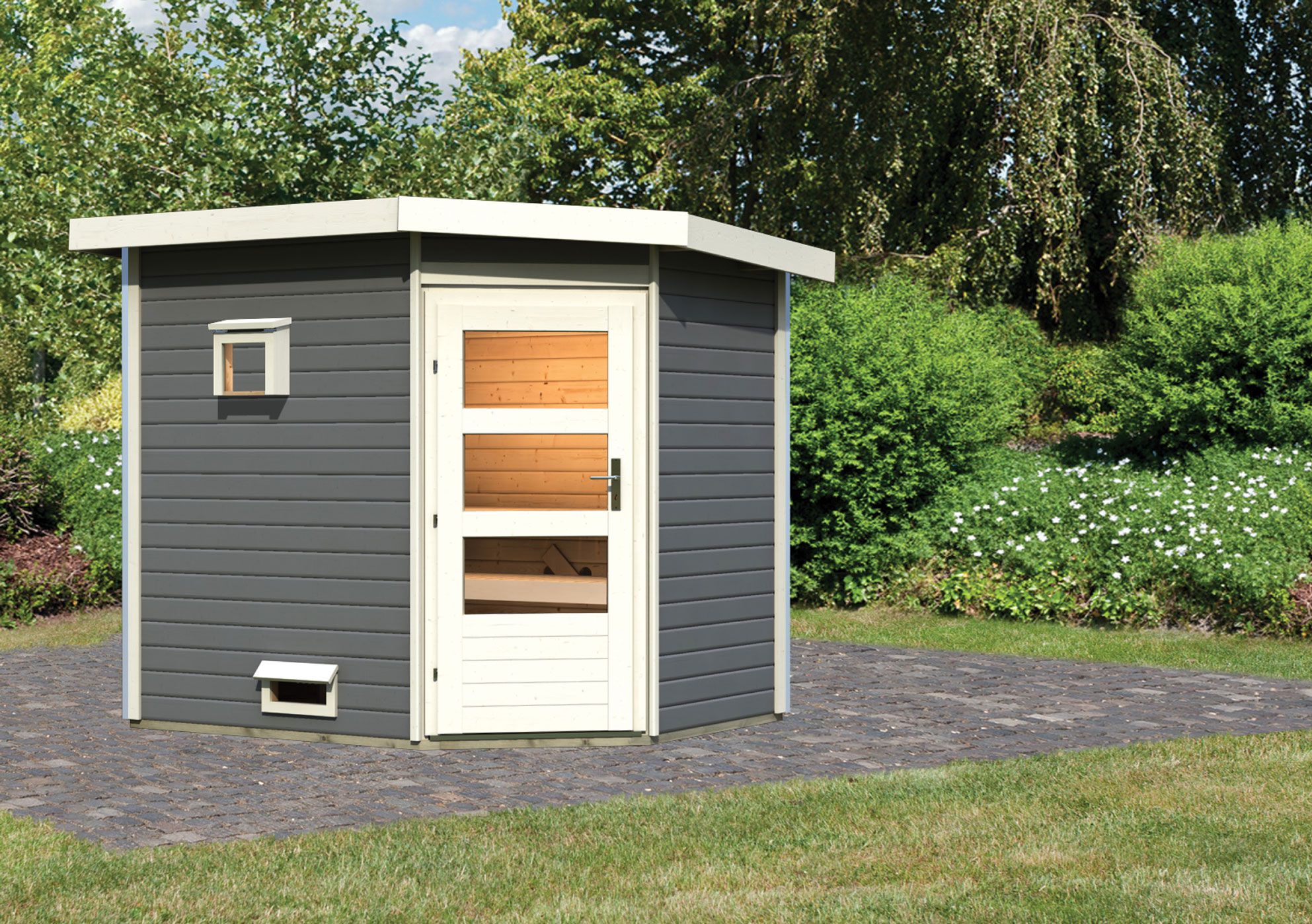 Madita" saunahuisje met moderne deur, kleur: terracotta grijs - 231 x 196 cm (B x D), vloeroppervlak: 3,6 m².