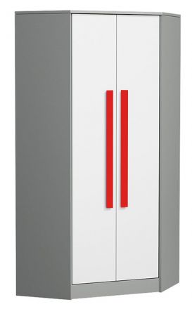 Jeugdkamer - draaideurkast / hoekkast Olaf 02, kleur: antraciet / wit / rood, deels massief - 191 x 87 x 87 cm (H x B x D)