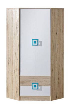 Kinderkamer - kledingkast / hoekkast Fabian 02, kleur: eiken lichtbruin / wit / blauw - 190 x 87 x 87 cm (H x B x D)