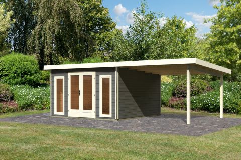 Berging / tuinhuis SET terra grijs met aanbouw dak, grondoppervlakte: 13,32m²