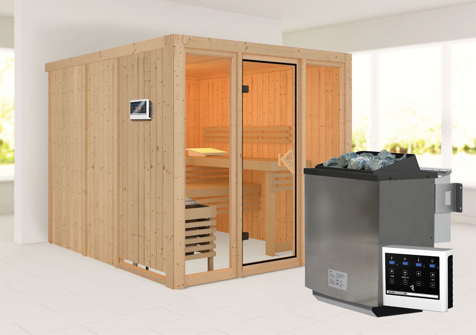 Sauna "Druna" SET met bronskleurige deur en glazen front - kleur: natuur, oven BIO 9 kW - 216 x 234 x 198 cm (B x D x H)