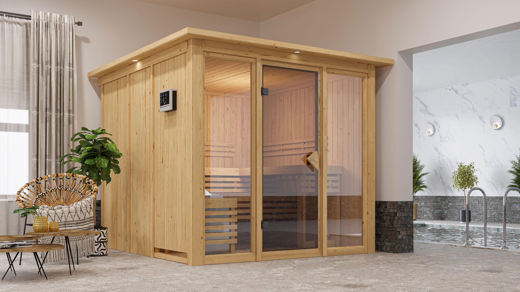 Sauna "Druna" SET met bronskleurige deur, glazen front en rand - kleur: naturel, externe regelbare kachel easy 9 kW - 240,5 x 248 x 202 cm (B x D x H)