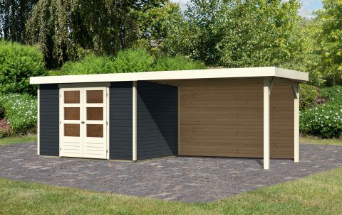 Berging / tuinhuis SET antraciet met aanbouw dak 2,80m breed, achterwand, grondoppervlakte: 6,35m²