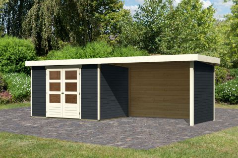 Berging / tuinhuis SET antraciet met aanbouw dak 2,80m breed, zij- en achterwand, grondoppervlakte: 6,35m²