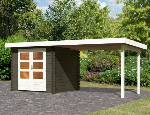 Berging / tuinhuis SET met lessenaarsdak incl. aanbouw dak, kleur: terra grijs, grondoppervlakte: 4,84 m²