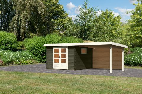 Berging / tuinhuis SET terra grijs met aanbouw dak 3,3 m, achterwand, grondoppervlakte: 7,5m²