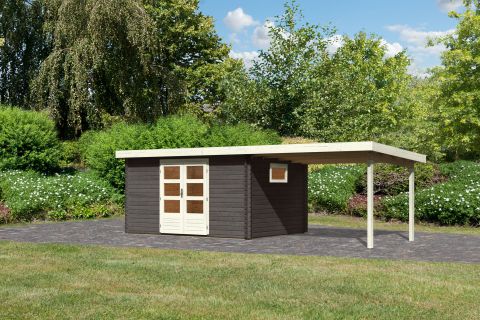 Berging / tuinhuis SET terra grijs met aanbouw dak 3,3 m breed, grondoppervlakte: 11,5m²