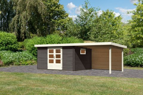 Berging / tuinhuis SET terra grijs met aanbouw dak 3,3 m breed, achterwand, grondoppervlakte: 11,5m²