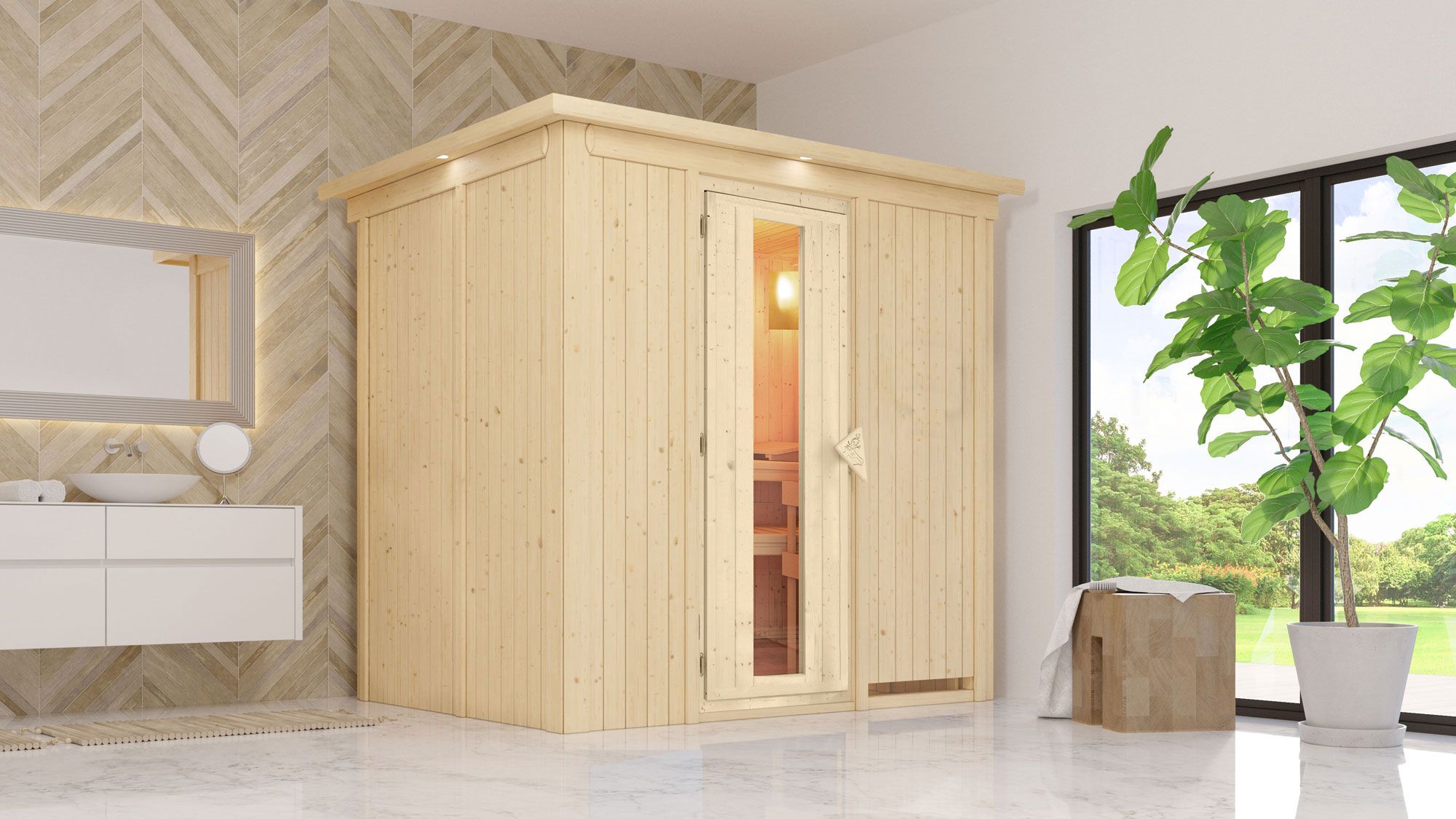 Energiebesparende sauna "Lillebror" met krans - Kleur: Natuur - 210 x 165 x 202 cm (B x D x H)