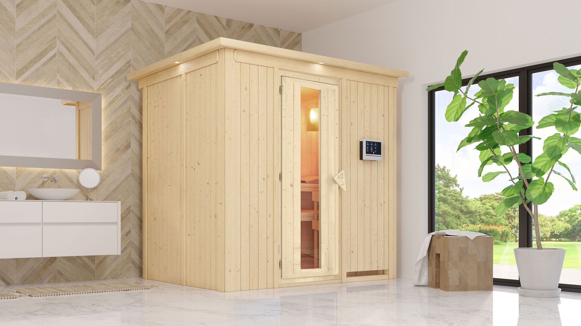 Energiezuinige sauna "Lillebror" SET met kroon - kleur: natuur, kachel externe bediening eenvoudig 3,6 kW ext. bediening - 210 x 165 x 202 cm (B x D x H)