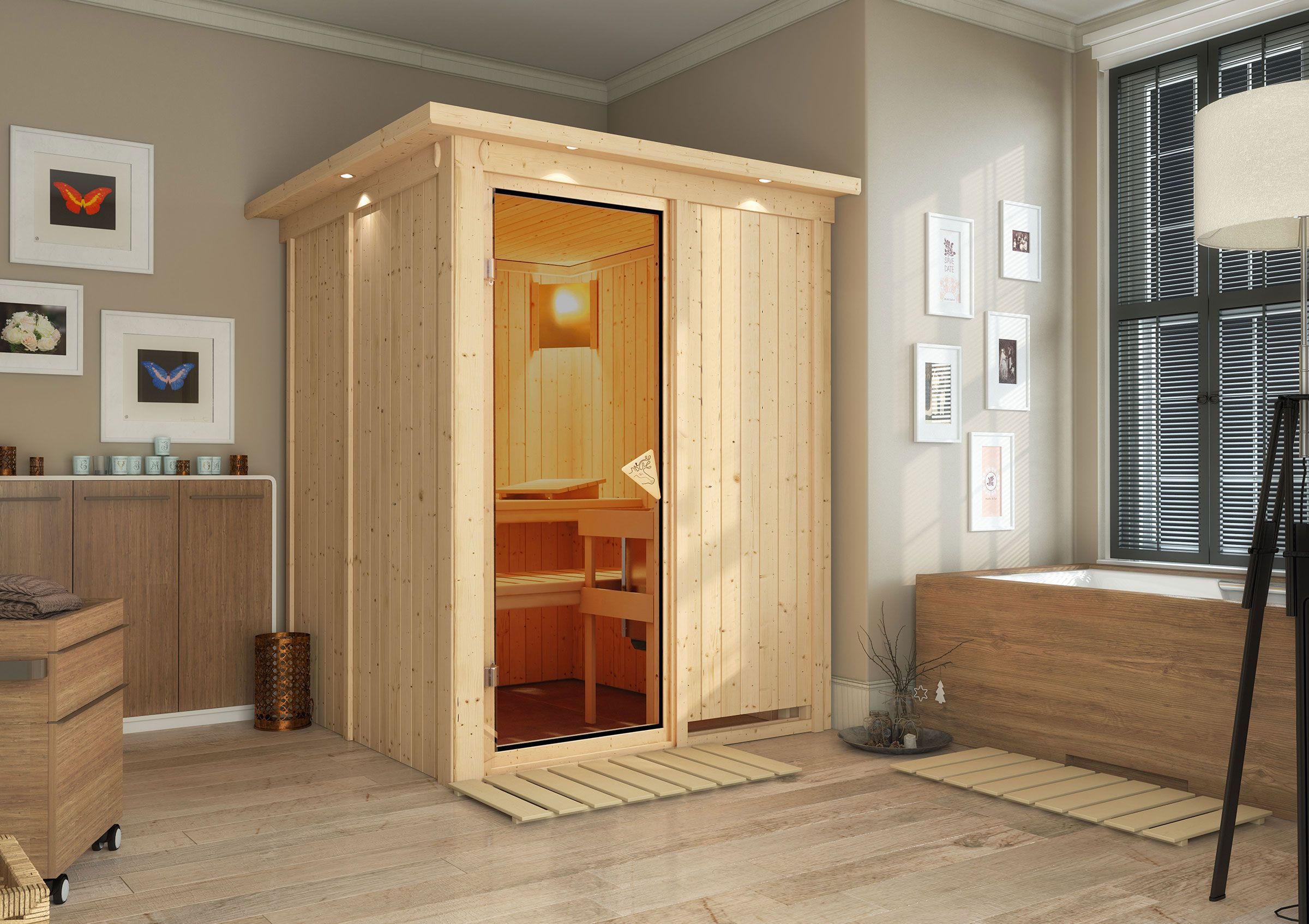 Niilo" sauna met bronskleurige deur en rand - Kleur: Naturel - 165 x 165 x 202 cm (B x D x H)