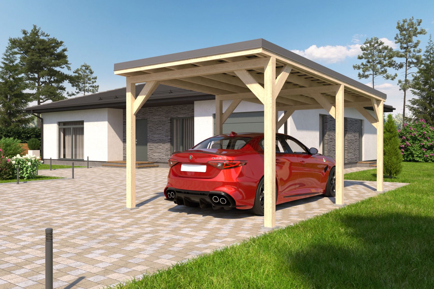 Enkele carport "Stable" 6 x 3 m (LxB) / 250 kg/m² dak belasting / 18 m² / Natuurlijk met donkergrijs metaalprofielen metalen dak