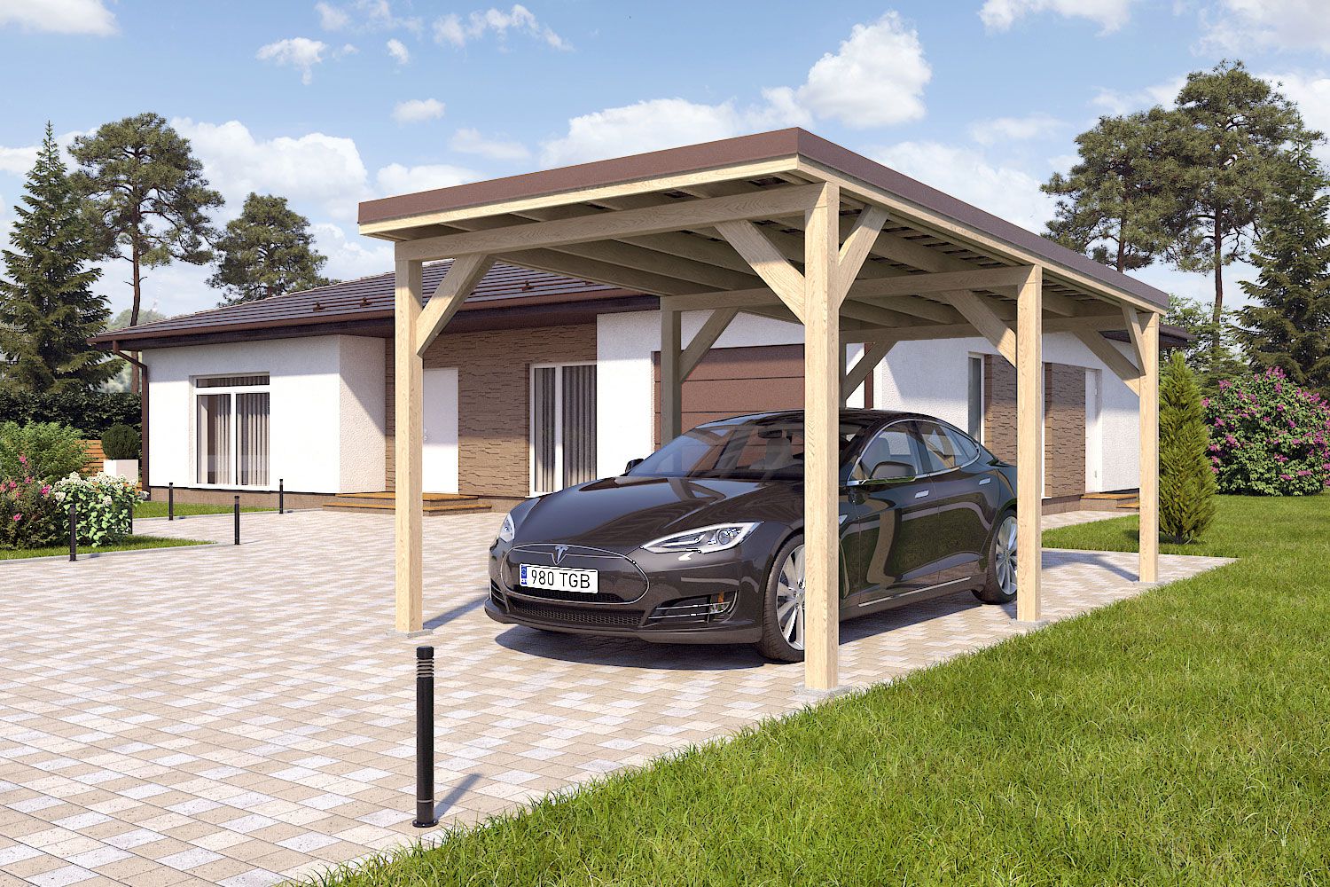 Enkele carport "Stable" 6 x 3 m (LxB) / 250 kg/m² dak belasting / 18 m² / Natuurlijk met donkerbruin metaalprofielen metalen dak