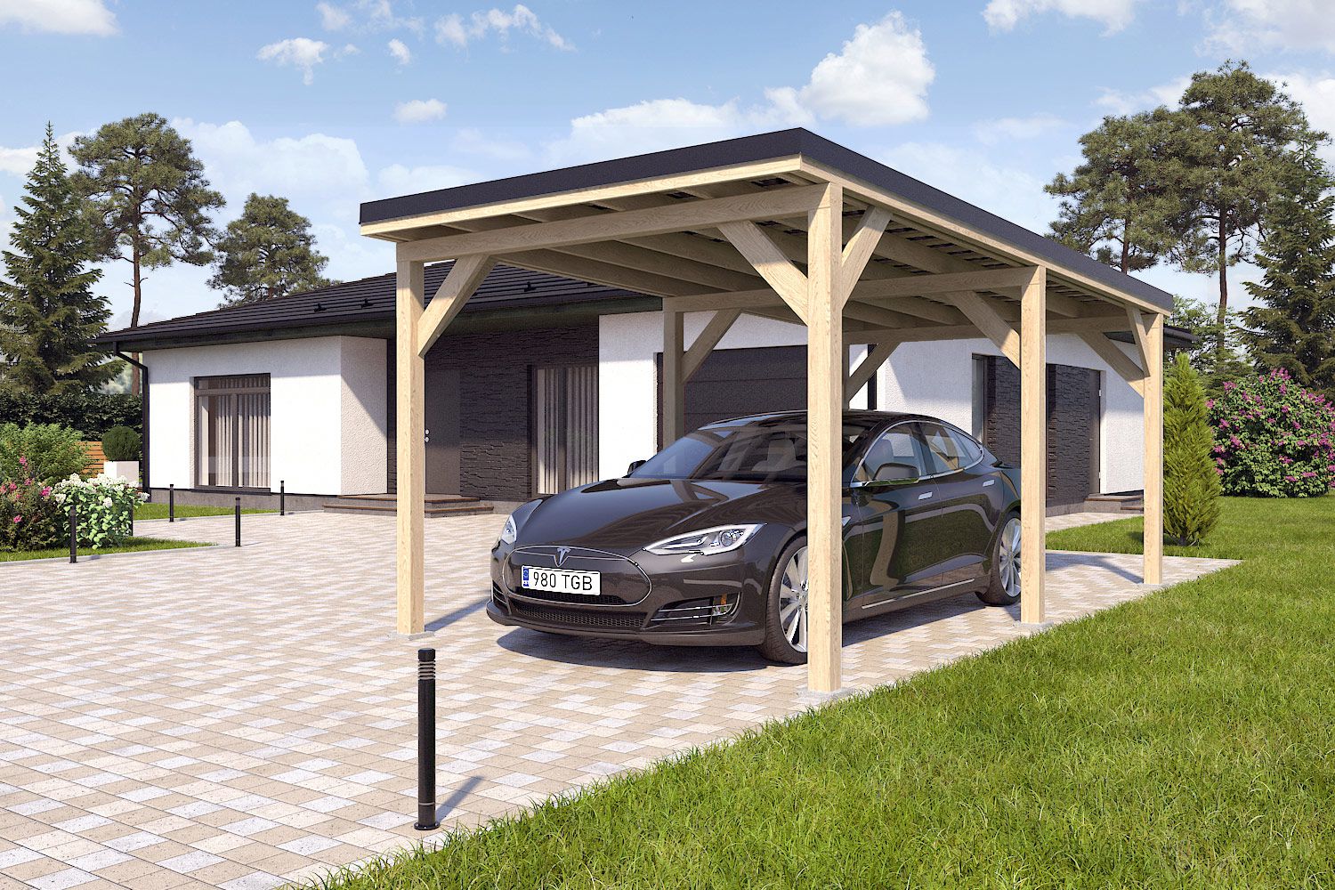 Enkele carport "Stable" 6 x 3 m (LxB) / 250 kg/m² dak belasting / 18 m² / Natuurlijk met zwart metaalprofielen plaatstalen dak