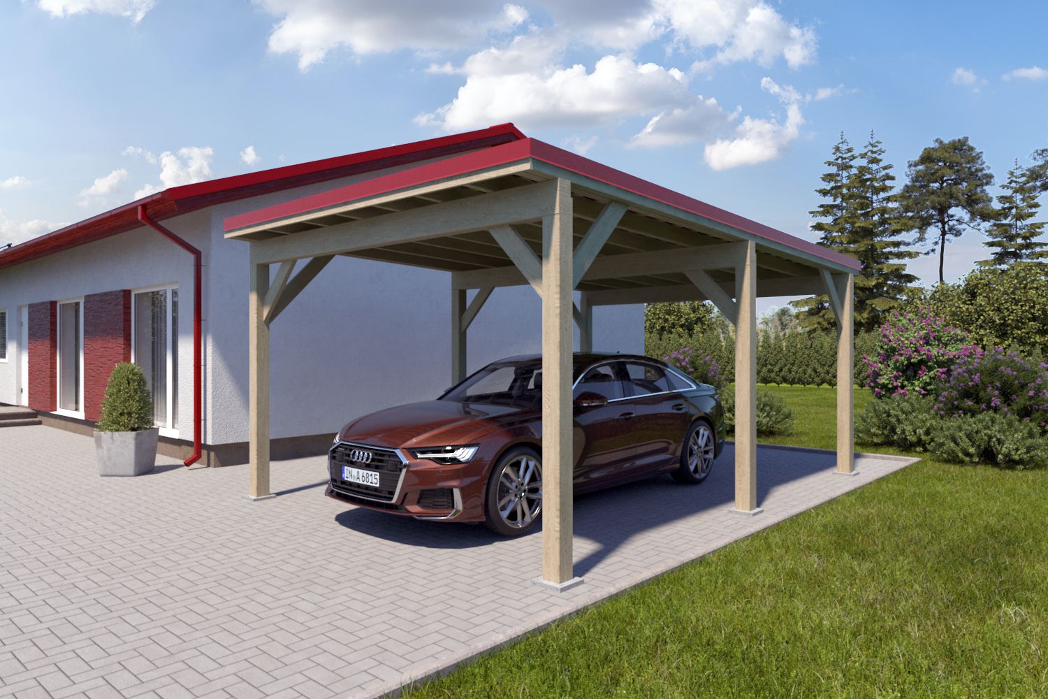 Enkele carport "Stable" 6 x 4 m (LxB) / 250 kg/m² dak belasting / 24 m² / onbehandeld met rood metaalprofielen metalen dak