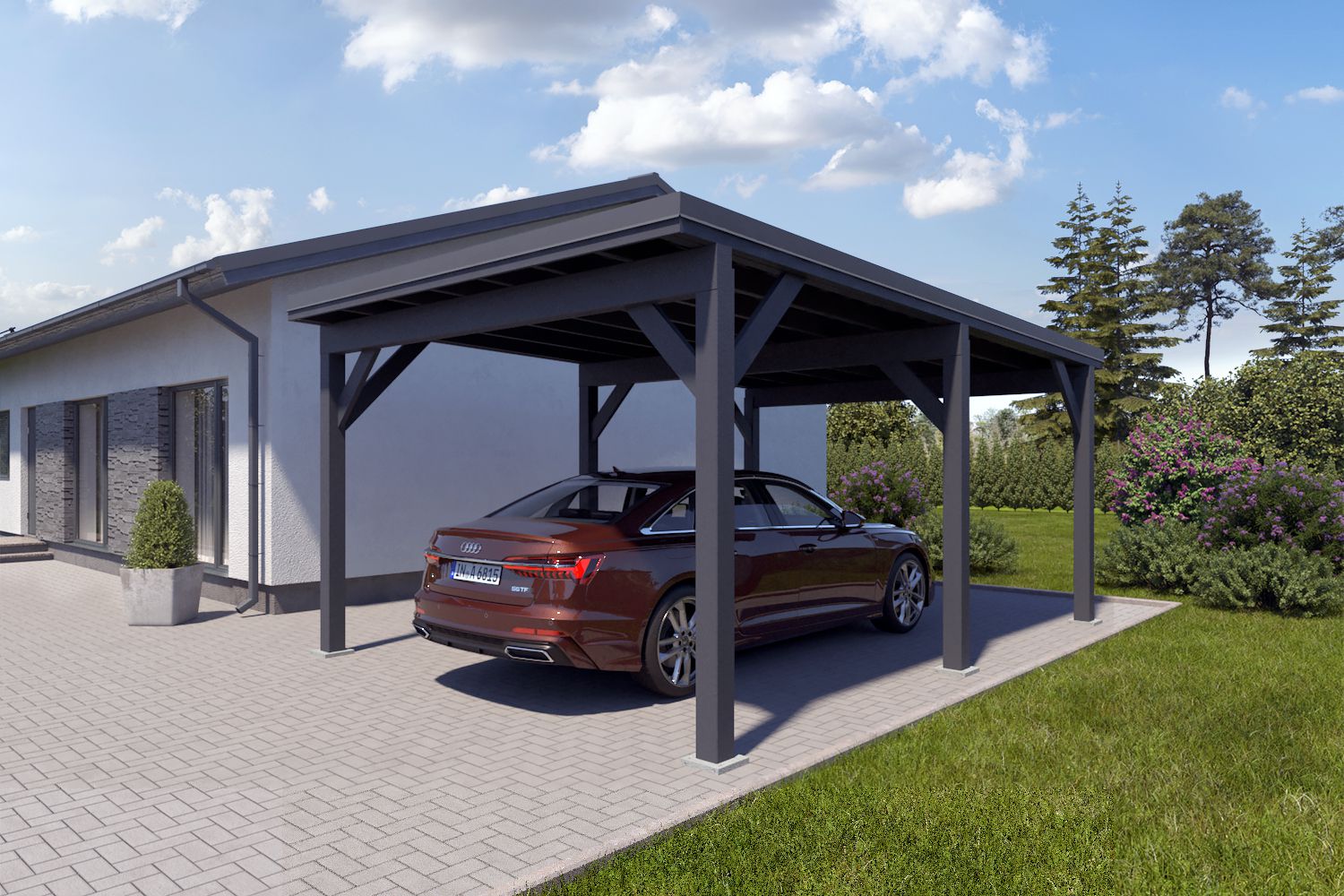 Enkele carport "Stable" 6 x 4 m (LxB) / 250 kg/m² dak belasting / 24 m² / Antracietgrijs met donkergrijs metaalprofielen metalen dak