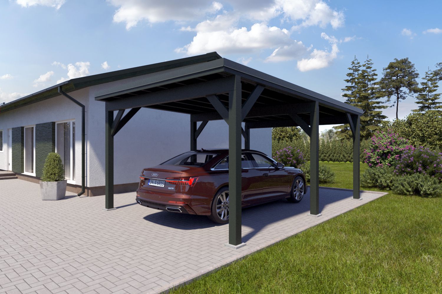 Enkele carport "Stable" 6 x 4 m (LxB) / 250 kg/m² dak belasting / 24 m² / Chroomoxidegroen met doorngroen metaalprofielen metalen dak