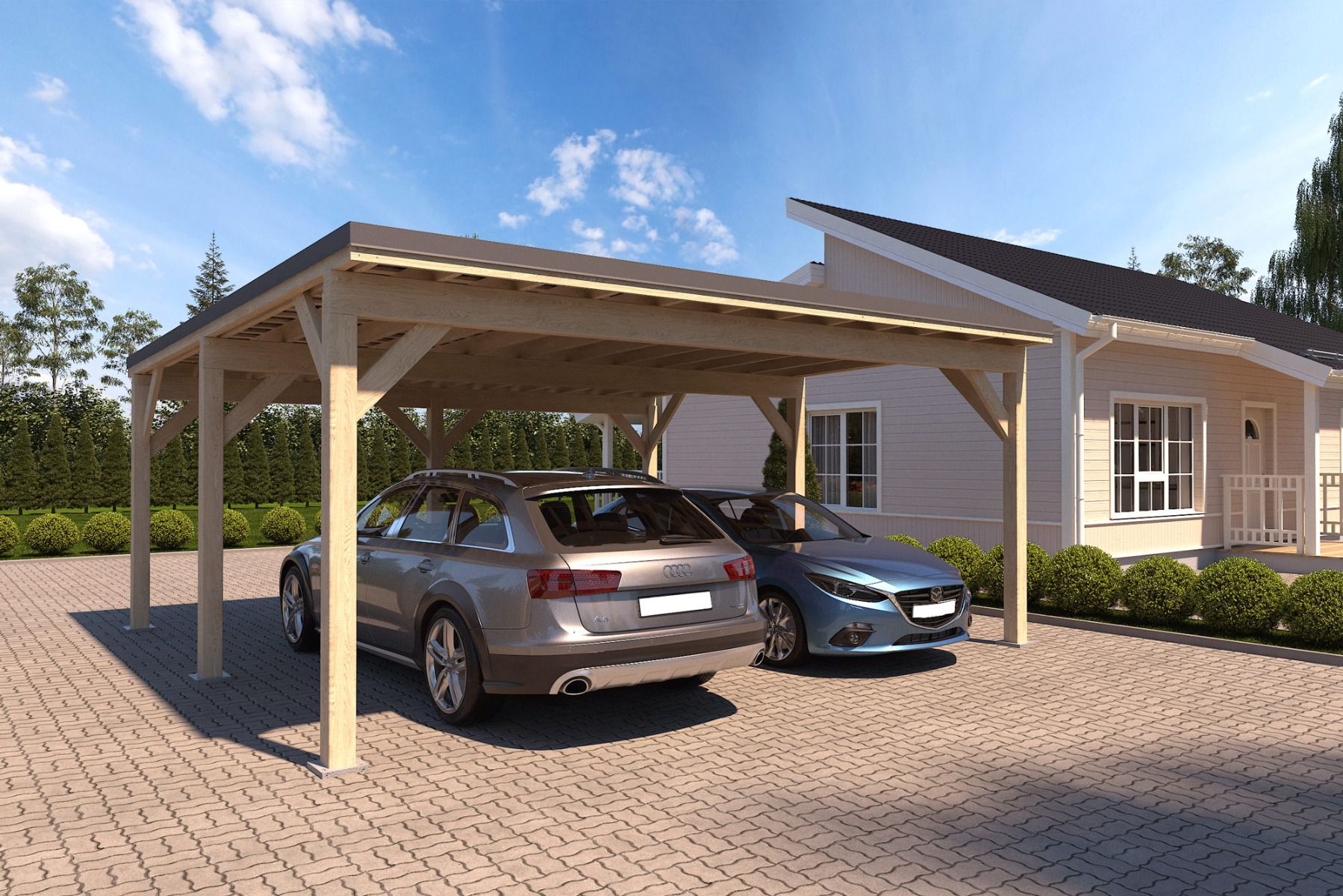 Dubbele carport "Stable" 6 x 6 m (LxB) / 250 kg/m² dak belasting / 36 m² / naturel met donkergrijs dak