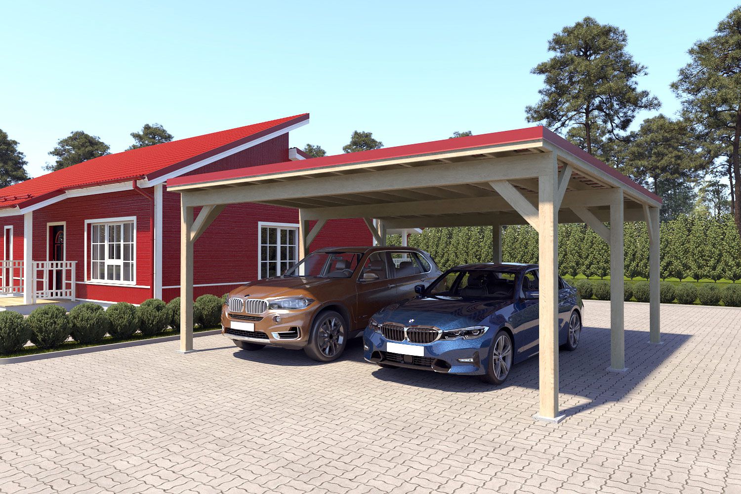 Dubbele carport "Stable" 6 x 6 m (LxB) / 250 kg/m² dak belasting / 36 m² / onbehandeld met rood dak