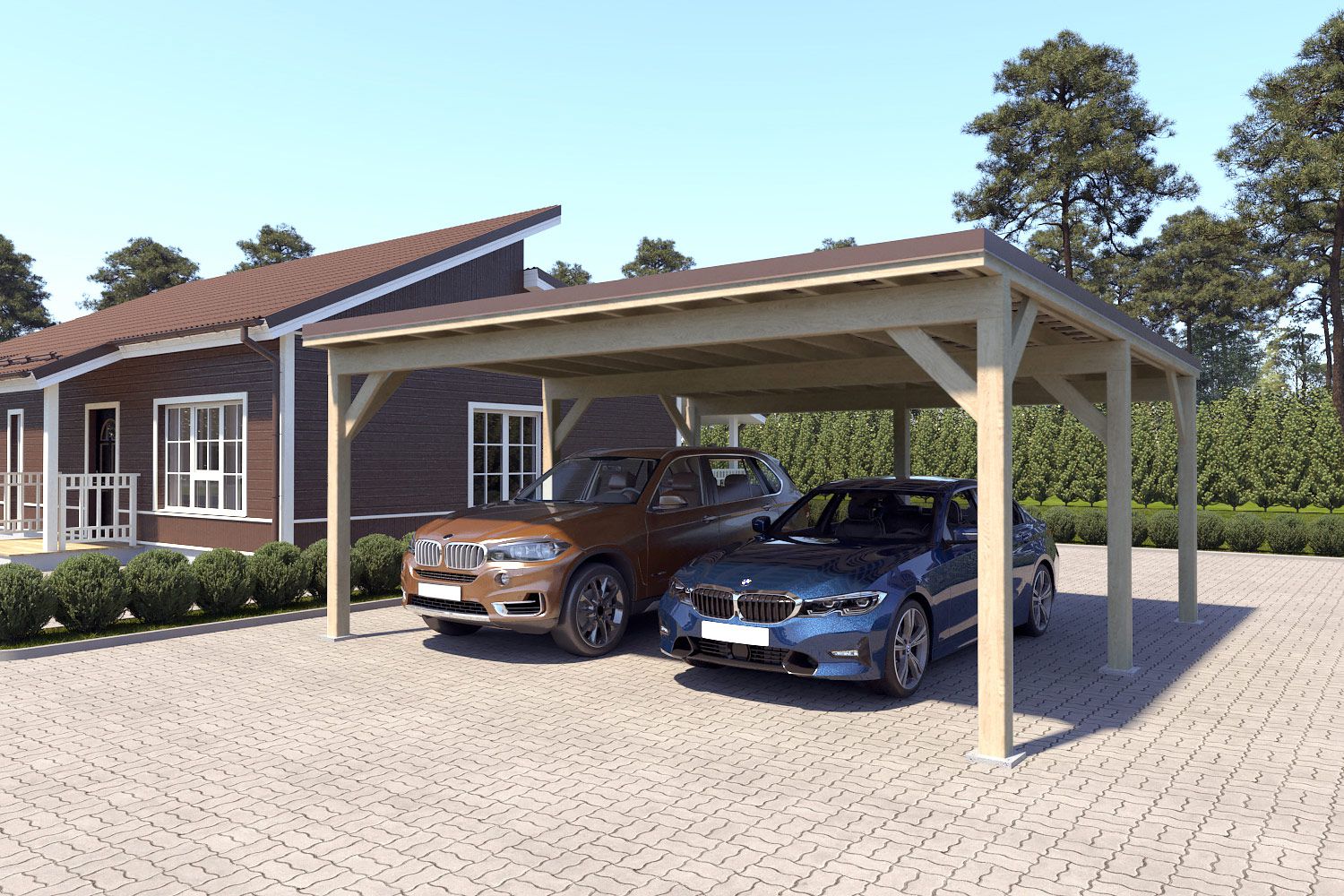 Dubbele carport "Stable" 6 x 6 m (LxB) / 250 kg/m² dak belasting / 36 m² / naturel met donkerbruin dak