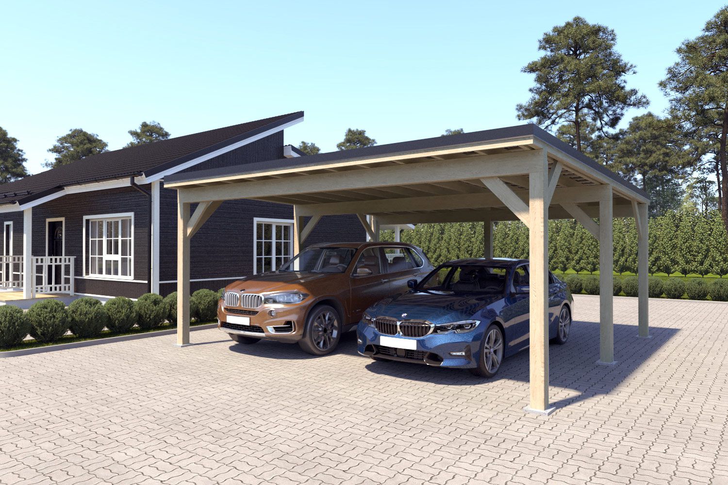 Dubbele carport "Stable" 6 x 6 m (LxB) / 250 kg/m² dak belasting / 36 m² / onbehandeld met zwart dak
