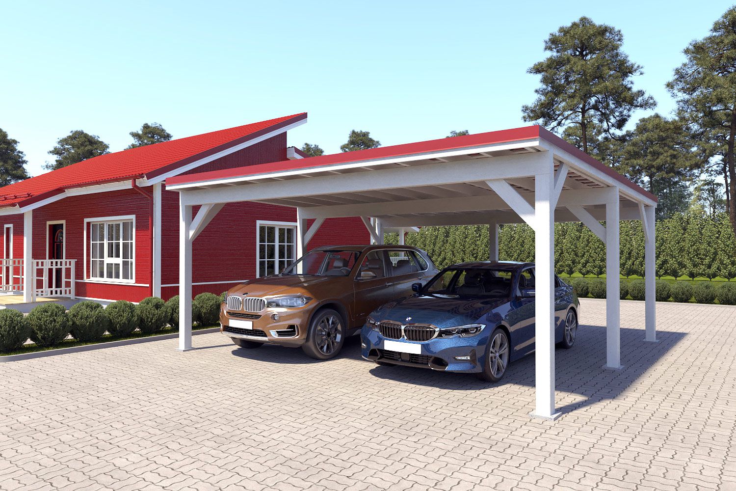 Dubbele carport "Stable" 6 x 6 m (LxB) / 250 kg/m² dak belasting / 36 m² / sneeuwwit met rood dak